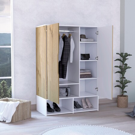 Tuhome Rosie Armoire, Two Open Shelves, Double Door, Five Shelves, Hanging Rod, Light Oak/White CDB7136